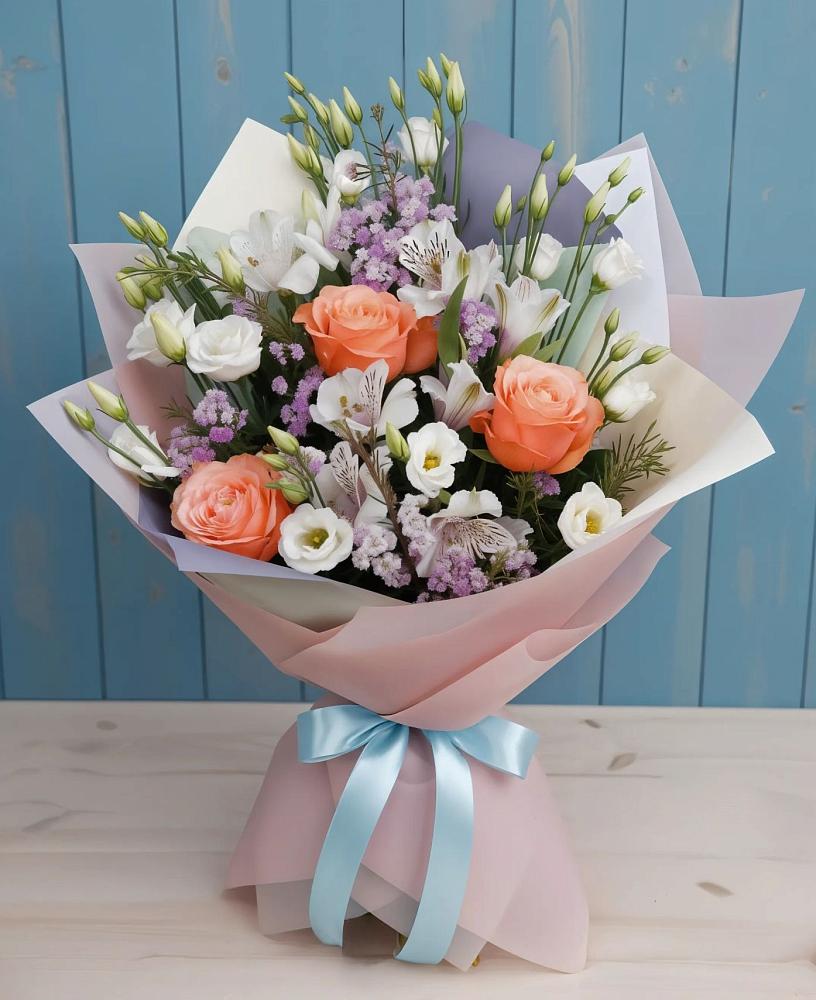 Букет цветов из: Лизиантусы, Розы, Альстромерии и Гипсофила в Горбунки