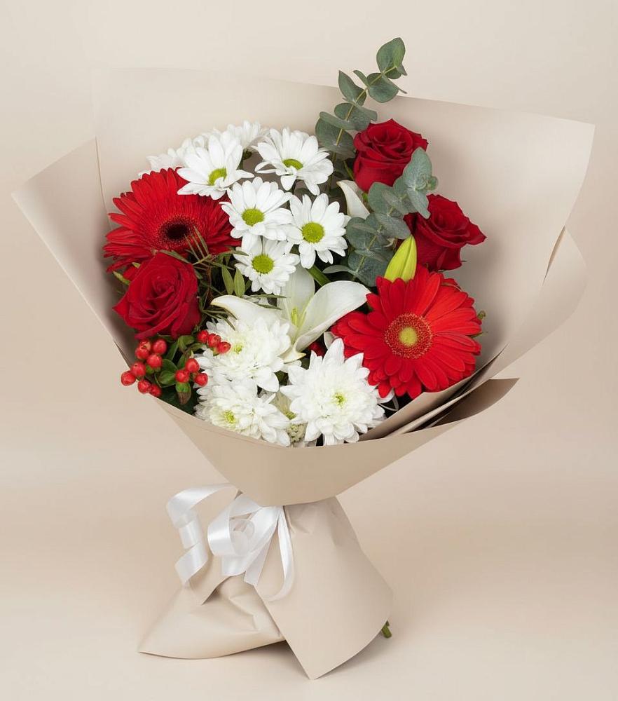 Букет цветов из: Розы, Хризантемы, Герберы и Лилии в Горбунки
