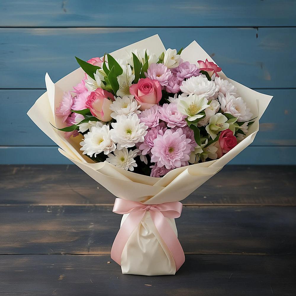 Букет цветов из: Хризантемы, Альстромерии и Розы в Горбунки